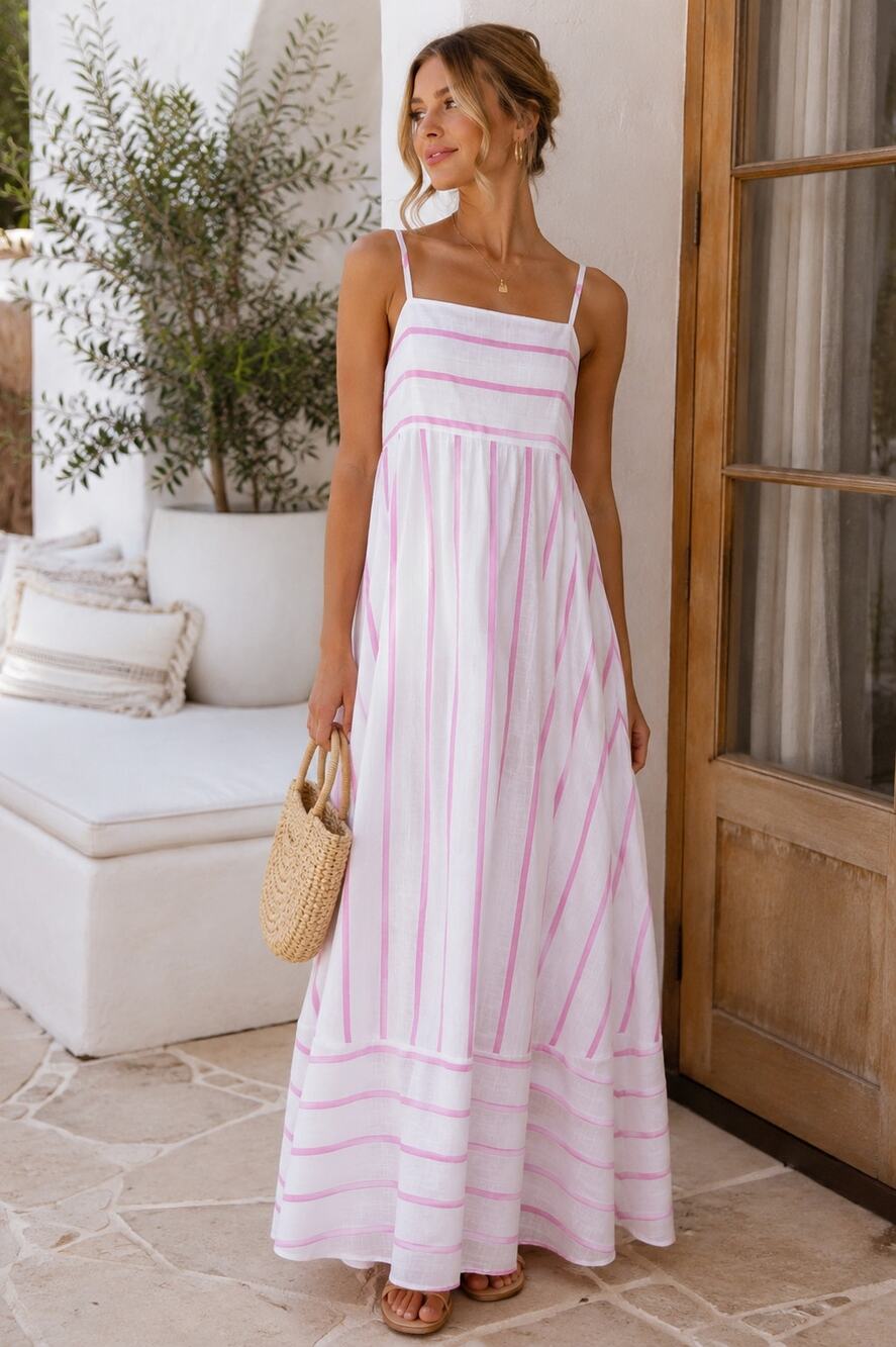 Petal & Pup Savile Maxi Dress S Pink White Stripe Cotton Sundress NWT